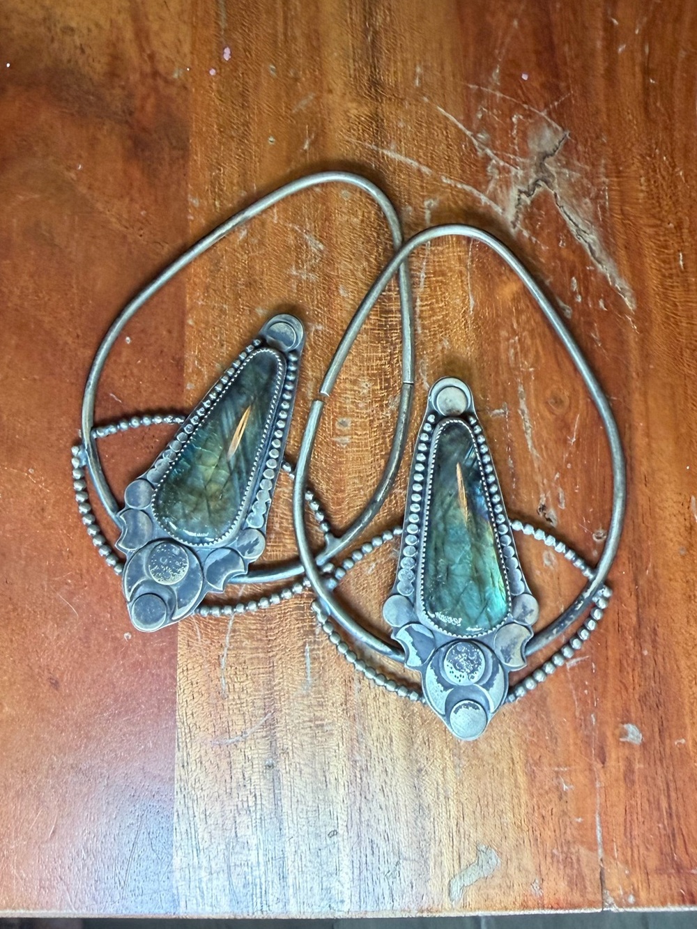 Sterling Silver Teardrop Labradorite Earrings moon phase ear weights 10 gauge